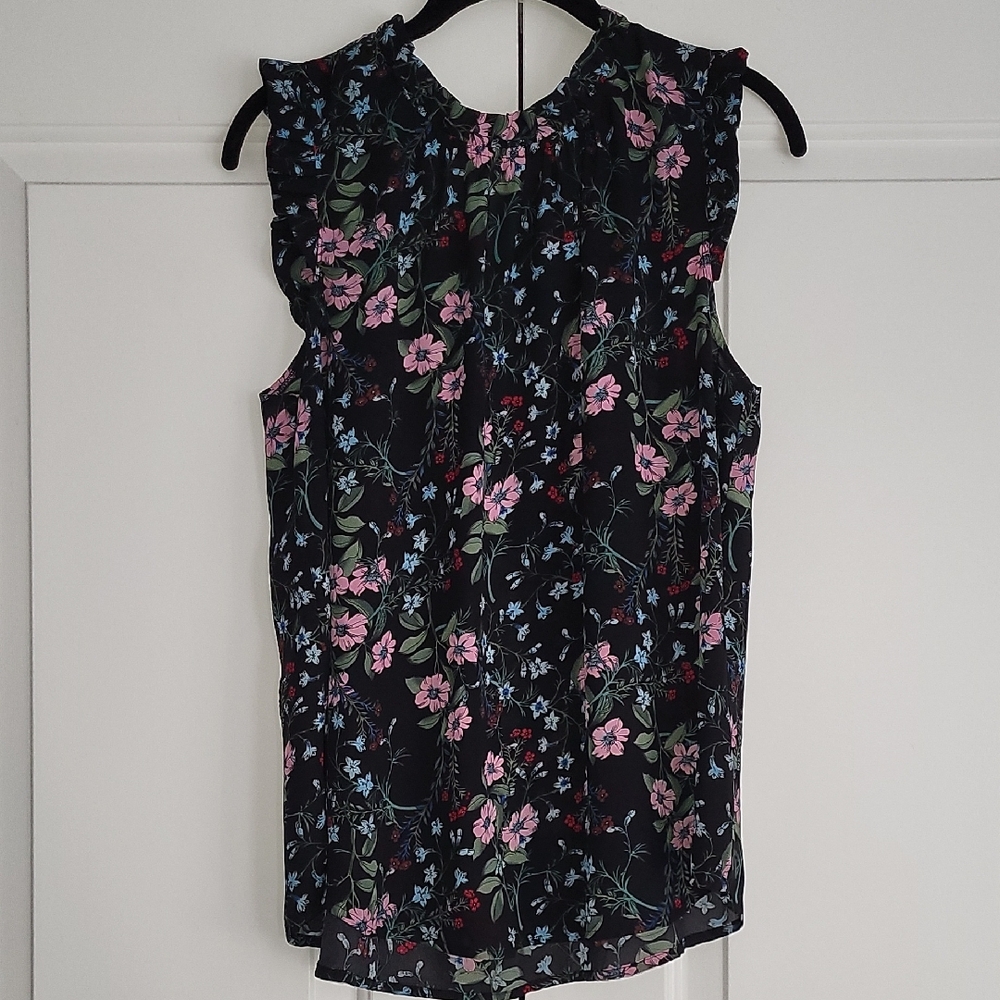 Spense Black Floral Ruffled Blouse with High Neckline